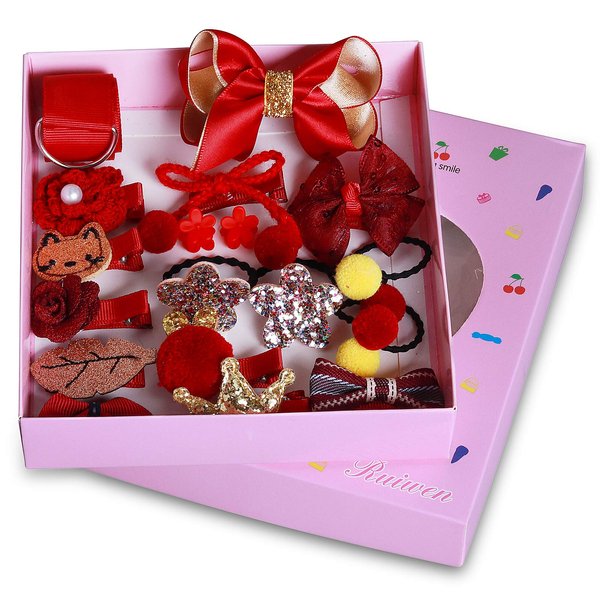 Starneey 18 Pcs Baby Hair Accessories Set Hair Clip Set Gift Box Cute Party Bowknot Flower Multi-Style Hairpin Ribbon for Little Girls Baby Toddler Kids-Red