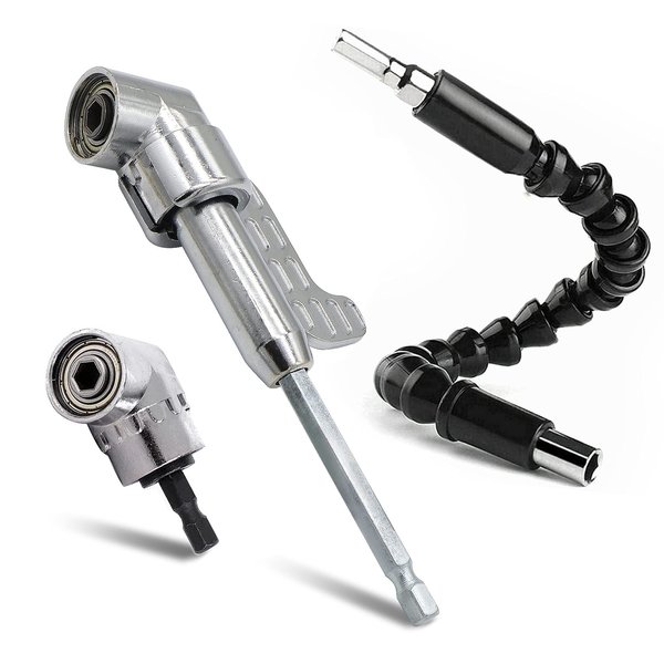 Jamiikury Silver 105 Degree Right Angle Drill Bit Holder, 1/4" Hex Shank Driver Angle Extension and Flexible Angle Extension Bit Kit for Screwdriver & Drill