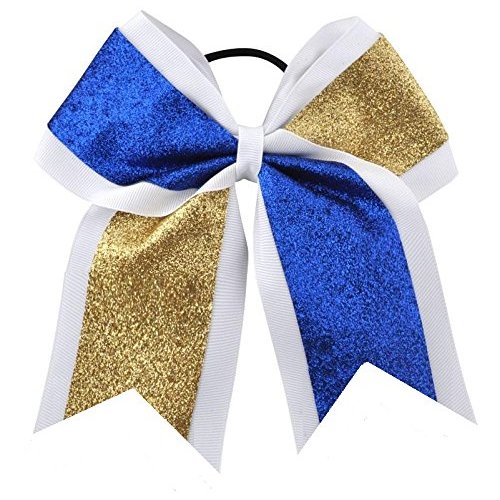 New "GLITTER DUO Blue & Gold" Cheer Bow Pony Tail 7 Inch Girls Hair Bows Cheerleading Dance Practice Football Games Competition Birthday Grosgrain Ribbon