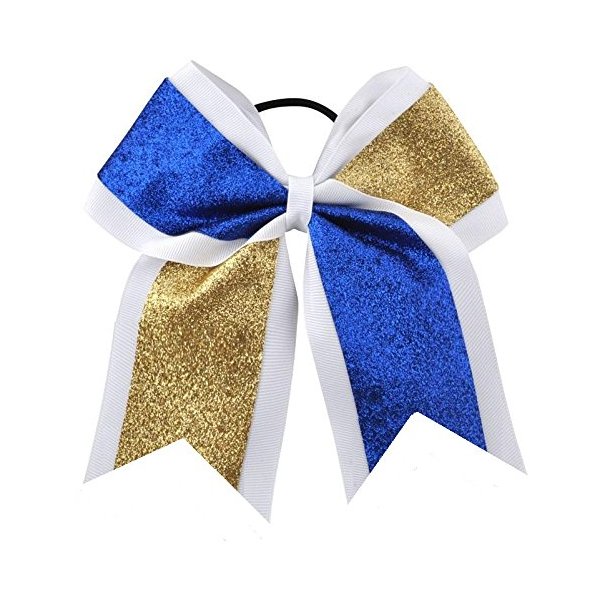 New "GLITTER DUO Blue & Gold" Cheer Bow Pony Tail 7 Inch Girls Hair Bows Cheerleading Dance Practice Football Games Competition Birthday Grosgrain Ribbon
