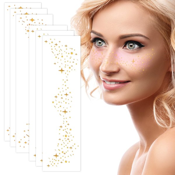 Gold Glitter Freckles Face Tattoo,2 Types Waterproof Metallic Speckles Temporary Face Tattoos, Singer Concert Festival Party Sparkling Star Face Patches for Women and Kids,6 Sheets