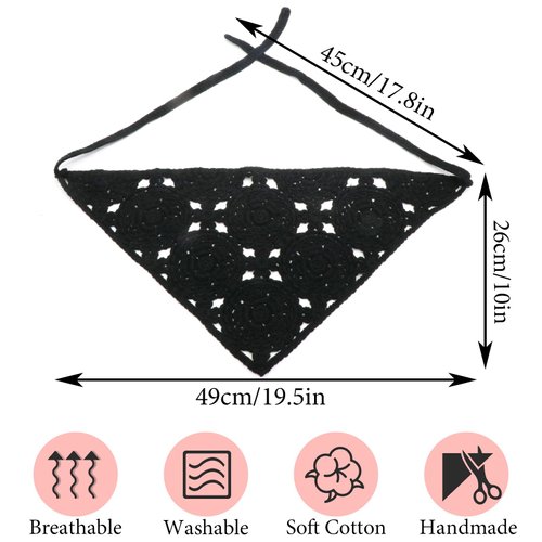 FULZTEY Crochet Bandanas Headbands for Women Black Bandana White Hippie Hairband Hallow Flower Head Scarf Knitted Floral Headwraps Vintage Head Kerchief Boho Hair Accessories 2Pcs