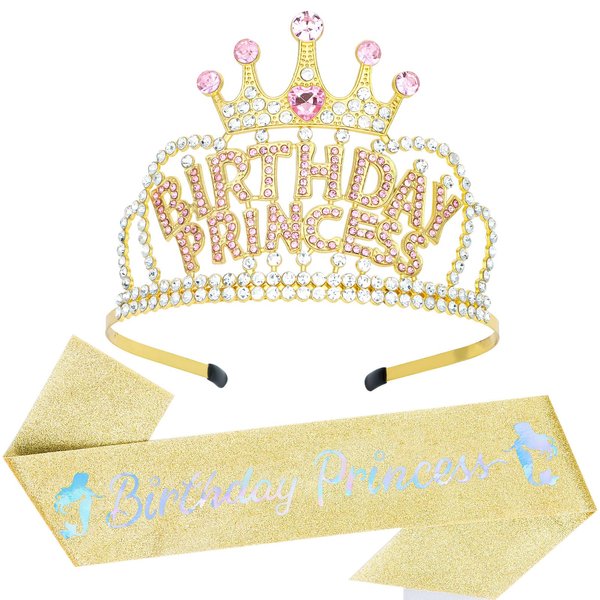 ACO-UINT Birthday Crown and Sash for Women, Gold Birthday Princess Crown Headband Birthday Sash, Birthday Girl Crown Birthday Tiara Birthday Decorations Gifts