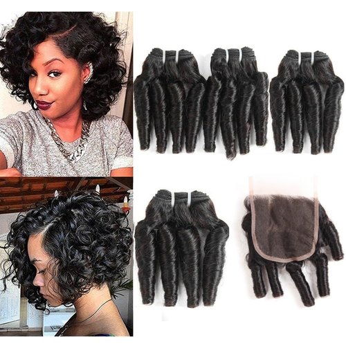 Molefi Brazilian Funmi Hair Curly Weave 4 Bundles with Lace Closure Spiral Curl Hair Bundles with 4x4 Closure 100% Human Hair Extensions 50g/pc Natural Black (8 8 8 8 +8)