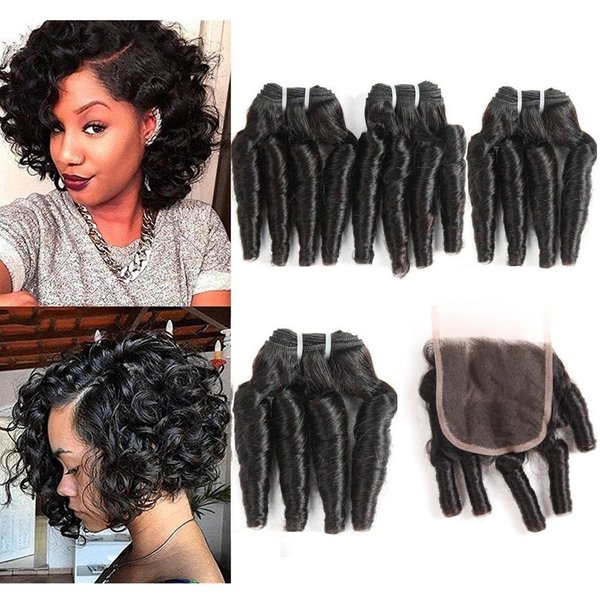 Molefi Brazilian Funmi Hair Curly Weave 4 Bundles with Lace Closure Spiral Curl Hair Bundles with 4x4 Closure 100% Human Hair Extensions 50g/pc Natural Black (8 8 8 8 +8)