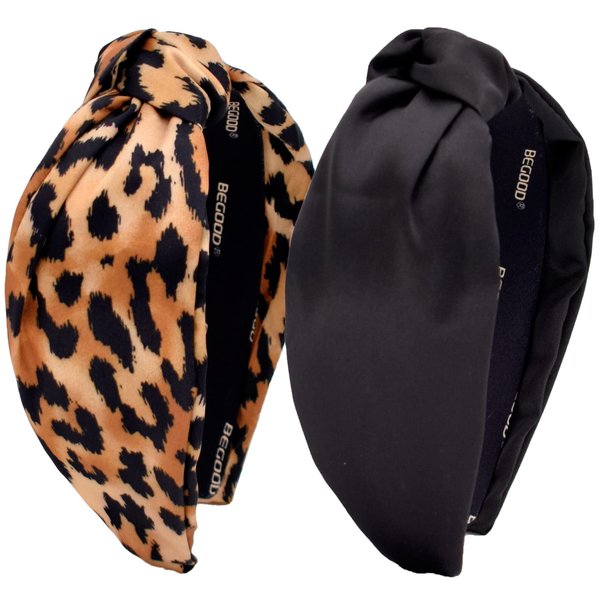 BEGOOD Headbands for Women Womens Knotted Wide Headbands Black Headband Fashion Top Knot Hairband Leopard Girls Headbands Hair Accessories for Girls 2Pcs