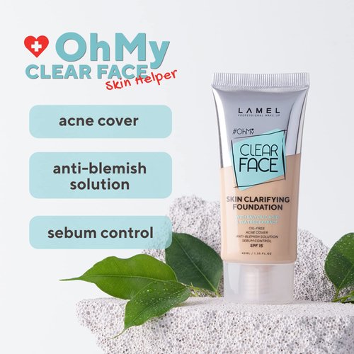 LAMEL OhMy Clear Face Full Coverage Foundation - Acne Coverage - Salicylic Acid & Tea Tree Extract - Dewy & Flawless Finish - Sensitive Skin Care - Organic & Oil-Free - 401, 1.35 fl.oz