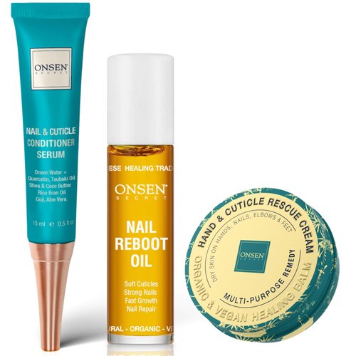 Onsen Nail & Cuticle Rescue Kit – Conditioner Serum, Repair Oil & Cuticle Balm – Tsubaki, Shea Butter, Jojoba – Strengthens Nails, Softens Cuticles, Hydrates Skin (15ml Serum + 10ml Oil + 26ml Cream)