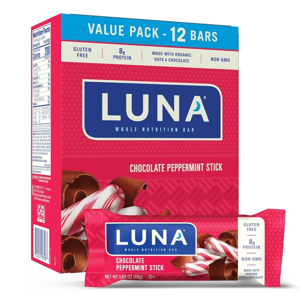 LUNA Bar - Chocolate Peppermint Stick - Gluten-Free - Non-GMO - 7-9g Protein - Made with Organic Oats - Low Glycemic - Whole Nutrition Snack Bars - 1.69 oz. (12 Pack)