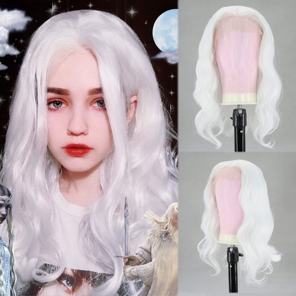 BTWTRY Short White Wig Loose Curly Wavy Lace Front Wigs Synthetic Hair Snow White Bob Wigs for Black Women Pre Plucked Natural Hairline with Baby Hair (White)