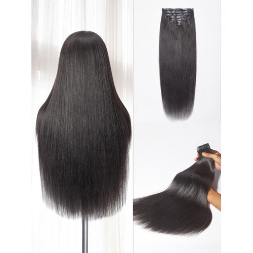 LUVME Yaki Straight Clip in Hair Extensions Real Human Hair For Women 100% Unprocessed Brazilian Virgin Hair clip ins Natural Black Hair Extensions 135g 9pcs 16 Inch