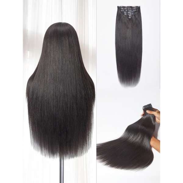 LUVME Yaki Straight Clip in Hair Extensions Real Human Hair For Women 100% Unprocessed Brazilian Virgin Hair clip ins Natural Black Hair Extensions 135g 9pcs 16 Inch