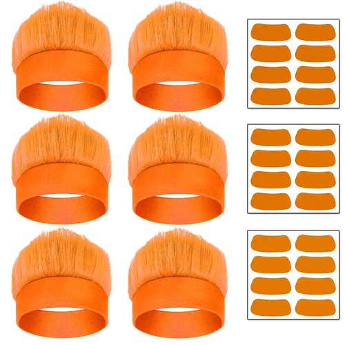 6 Pcs Hairy Costume Headband Crazy Trolls Flowy Hair Wig & Stickers, Halloween Spirit Day Themed Party Costume Accessory Sports Fans Cheering Headwear Supplies (Orange)