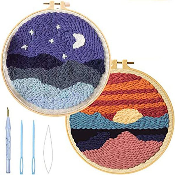 FISHEVO 2 Pcs Punch Needle Embroidery Starter Kits, DIY Punch Needle Craft Embroidery Pattern Cloth Pen Hoop Yarn Rug Accessories for Adults Beginner, Handcraft Punch Needle Kits