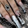 IMSOHOT Press on Nails Long Square Shape Fake Nails Full Cover Y2K Black White Acrylic False Nails with Bling Metal Charms Designs Glossy Glue on Nails French Nail Tips for Women and Girls 24Pcs