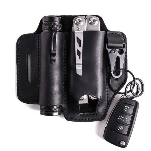 Gentlestache Leather Sheath for Leatherman Multitool Sheath EDC Pocket Organizer with Key Holder for Belt and Flashlight Sheath Multitool Pouch Black Color
