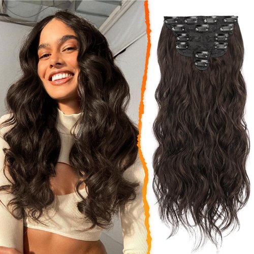 BARSDAR Clip in Hair Extensions for Women - 20 Inch Long Wavy Brown Hair Extensions Clip in - 6PCs Full Head Thick Soft Synthetic Clip in Hairpieces Daily Party Halloween- Dark Brown