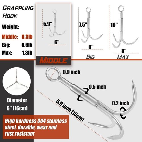 PIOSRTRR Grapple Hook with Rope-Includes Nylon Rope 6/8/10mm 50FT,Functional Grappling Hook and Double Carabiner,for Magnet Fishing/Drag/Tree Limb Removal