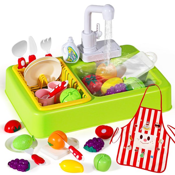 Play Sink with Running Water Play Kitchen Toddler Girl Toys Sink Kitchen Sink Toys with Apron Children Electric Dishwasher Kids Sink Running Water Play House Pretend Role Play Sink for Toddlers 1-3