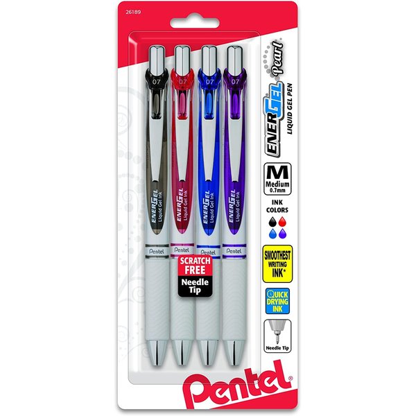 Pentel EnerGel Pearl Deluxe RTX Retractable Liquid Gel Pen, 0.7mm, 4 Pack, Assorted Colors (BLN77WBP4M)