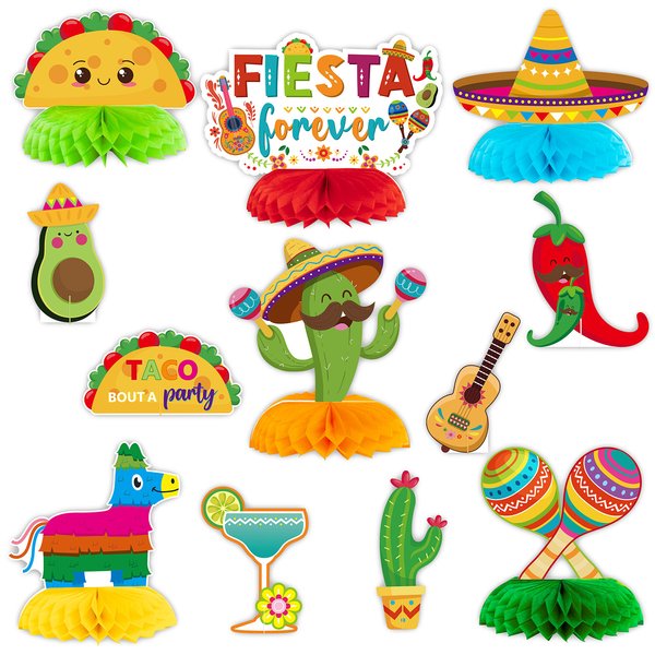 OSNIE 12Pcs Mexican Fiesta Honeycomb Centerpieces Table Toppers Mexico Cinco De Mayo Carnivals Festival Party Decoration Supplies Taco Twosday Bout a Party Table Decor for Kid’s Birthday Baby Shower