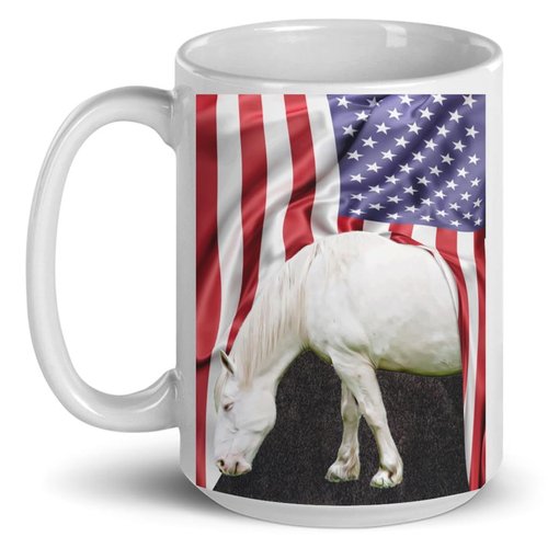 American Cream Draft Horse Mug 15oz White Ceramic Coffee Cup - American Patriotic Themed Design Gifts for Horse Lovers