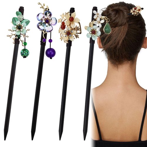4 PACK Japanese Chinese Wooden Hair Stick, Chinese Traditional Flower Hair Sticks Retro Wooden Hairpin Butterfly Flower Vintage Hair Accessories Hair Chopsticks for Women Girls
