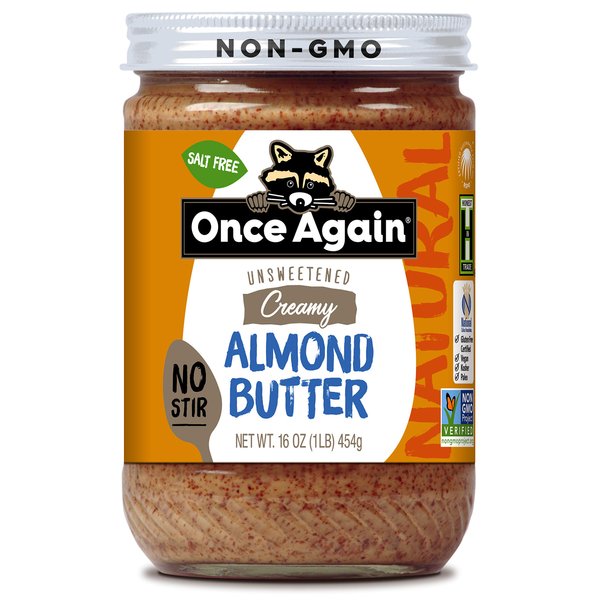 Once Again Natural Creamy Almond Butter, 16oz - No Stir - Salt Free, Unsweetened - Gluten Free Certified, Peanut Free, Vegan, Kosher, Paleo - Glass Jar