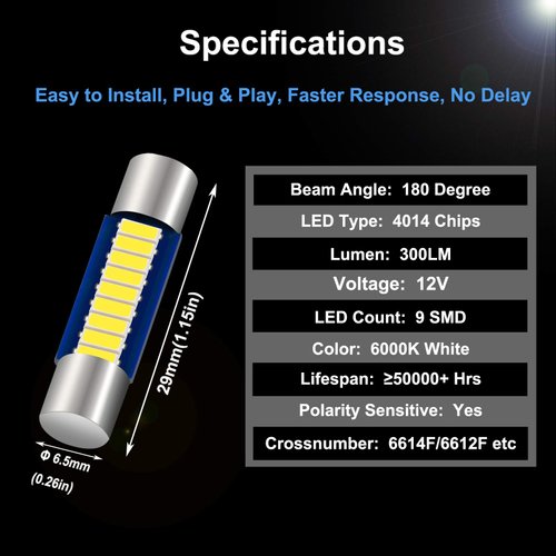 Anourney 6PCS 28mm 29mm 6614F Festoon LED Car Bulb, Extremely Bright 9-SMD 4014 chips 6641 6612F LED Bulb, Fit for Vanity Mirror Lights and Sun Visor Lights, 6000k White
