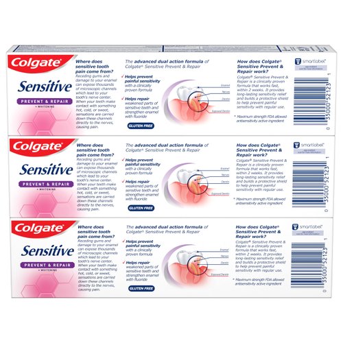 Colgate Sensitive Toothpaste with Whitening, Prevent and Repair, 6 Ounce, 3 Pack