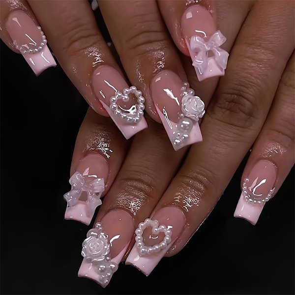 Press on Nails Medium Square Love Heart Pearl False Nails Artificial Acrylic Nails Flower and Bow Tie Design French Fake Nails Full Cover Reusable Coffin Nails Glue on Nails for Women Supplies 24Pcs