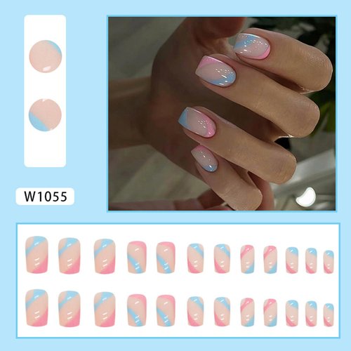Square Press on Nails Medium Length Fake Nails Blue Pink Irregular Stripe False Nails Design Glossy Full Cover Stick on Nails Natural Glue on Nails Reusable Acrylic Artificial Nails for Women