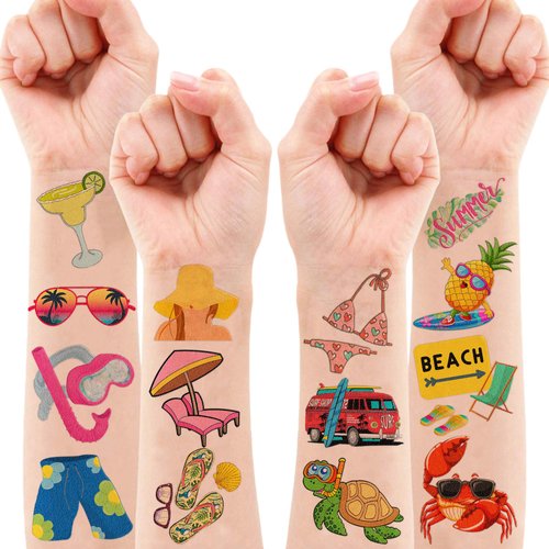100 PCS Funny Summer Pool Temporary Tattoos Sticker Hawaiian Beach Tropical Luau Birthday Party Decorations Favors Supplies Gifts Girls Boys Baby Showers Prizes Cute Tattoo School Reward Themed