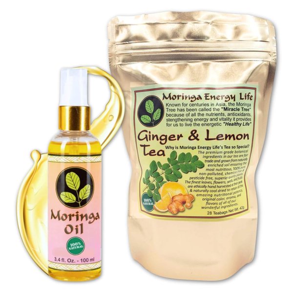 Moringa Beauty Bundle Gift, Moringa Oil 3.4 oz, Moringa Ginger Lemon Tea 28 tea bags (Keto, Vitamin & Minerals Booster, Vegan, Gluten-Free, Non-GMO, Caffeine-Free)
