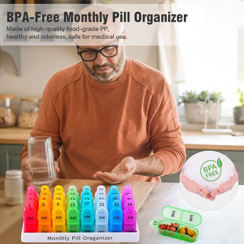 Monthly Pill Organizer 2 Times A Day, Greencycle 30 Day Medicine Organizer, AM PM Pill Cases, 4 Week Pill Box, Small Compartments to Hold Vitamins Fish Oil Supplements Great for Travel