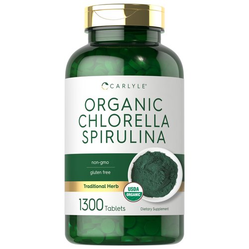 Carlyle Organic Chlorella Spirulina Tablets | 1300 Count | 50/50 Blend | Non-GMO and Gluten Free