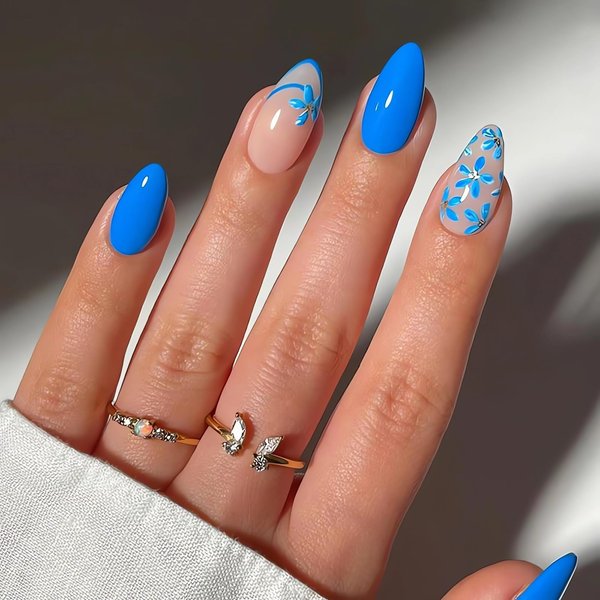 LPOODDNU Flower Press on Nails Almond, Small Flowers Medium Press on Nails Blue Fake Nails, Cute Floral Glue on Nails, Reusable Stick on Nails - 30Pcs Medium Almond Flowers False Nails Set