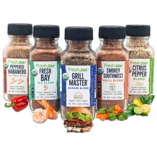 FreshJax Grill Seasoning Gift Set | Pack of 5 Organic Grilling Spices | Grilling Gifts for Men | BBQ Grill Spices and Seasoning Sets