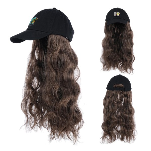 SUNBORRY Wig Hats with Long Wavy Hair Extensions for women, 20 Inch, Black Baseball Cap with Hair, Adjustable Hat with Hair Attached, Trim hair length for Daily Party Use