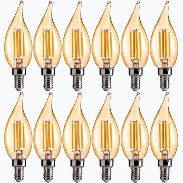 FLSNT CA11 E12 LED Chandelier Light Bulbs 40W Equivalent, Dimmable LED Candelabra Bulbs, 2200K Warm White, 330LM, Amber Glass, 12 Pack