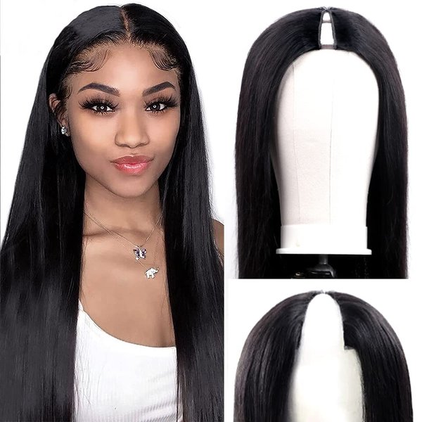 Amznlady V Part Wigs Straight Brazilian Virgin Human Hair Wigs for Black Women Upgrade U Part Wigs Glueless Full Head Clip In Half Wig V Shape Wigs No Leave Out 180% Density Natural Color 18"