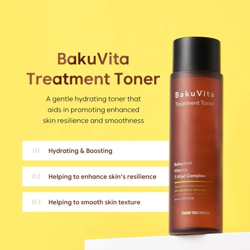 THANKYOU FARMER BakuVita Treatment Toner, Retinol Alternative Bakuchiol, Vitamin C+E Toner, Hydrating Toner, Slow Aging, Vegan Korean Toner for Face 7.03 floz (200ml)
