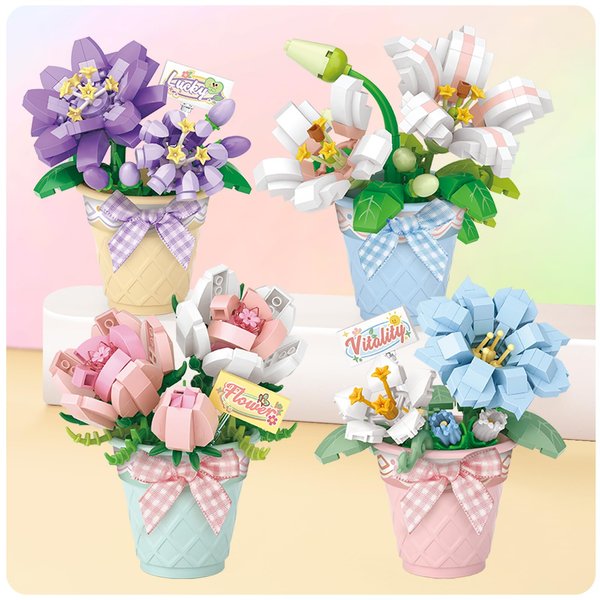 MEIEST 4 PCS Mini Flower Succulent Bonsai Building Blocks,Simulation Pot Plant Particle Botanical Collection Construction Building Bricks Toy,Home Decors (Series-2)