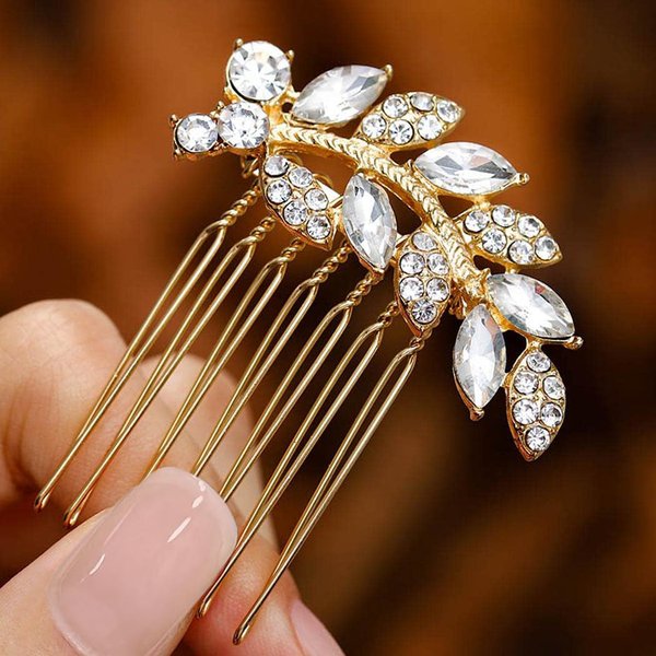 Foyte Crystal Bride Wedding Hair Comb Leaf Bridal Headpieces Rhinestone Hair Pieces Bridesmaid Side Combs Hair Accessories for Women and Girls (gold leaf)
