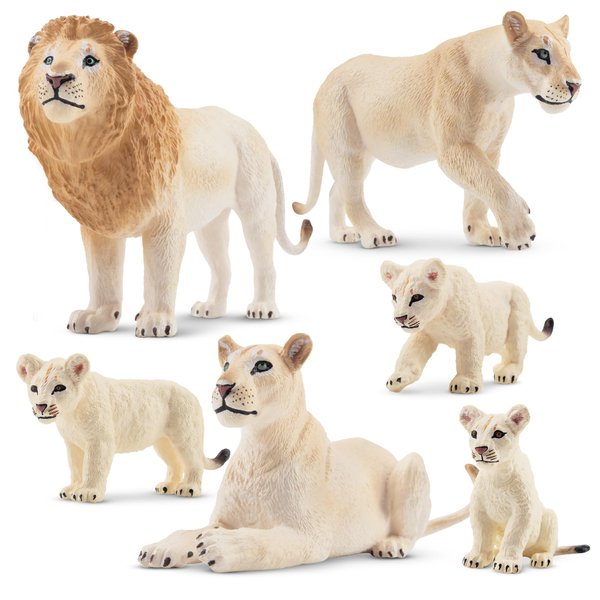Toymany 6PCS White Lion Figurines with Lion Cubs, 2-5" Jungle Animals Figures Realistic Family Set Includes Baby Lions, Educational Toy Cake Toppers Christmas Birthday Present for Kids