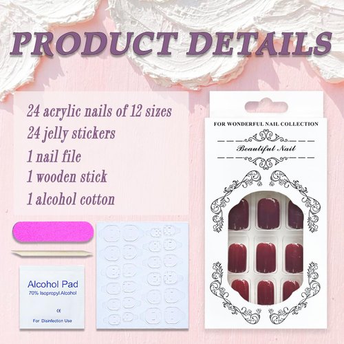 Wine Red Press on Nails Short Square SWEKKE Fake Nails Full Cover Fall False Nails with Nail Glue Red Solid Color Glossy Glue on Nails Acrylic Nails Artificial Nails for Women Girls 24Pcs
