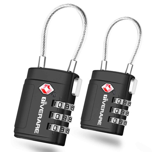 2 Pack TSA Approved Luggage Locks, Cable Travel Lock Alloy, Set Your Own Combination Metal Suitcase Zipper Padlock, 3-Digit Long Shackle Padlocks for Gym Locker, Golf Bag, Case Anti Theft-Black