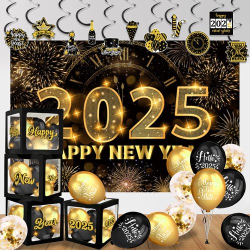 New Years Decorations 2025, Happy New Years Decorations 2025 Includes Happy New Year Backdrop Boxes Balloons Stickers, New Years Eve Party Supplies 2025