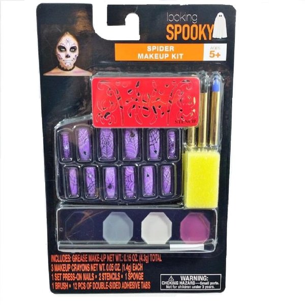 Spooky Spider Makeup Kit Includes (Stencils, Makeup, Press On Nails and Makeup Crayons)