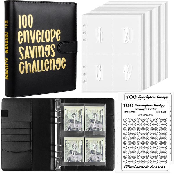 LingLingo 100 Envelopes Money Saving Challenge Binder, Easy and Fun Way to Save $5,050, A5 Budget Book with Cash Envelopes Kit (Black,Gold)